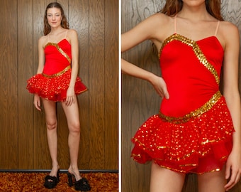 Vintage 80s 90s Dansco Red Gold Sequined Polka Dot Shiny Puff Ruffle Sleeveless Asymmetrical Skate Dance Hi Lo Skirted Leotard Costume S M