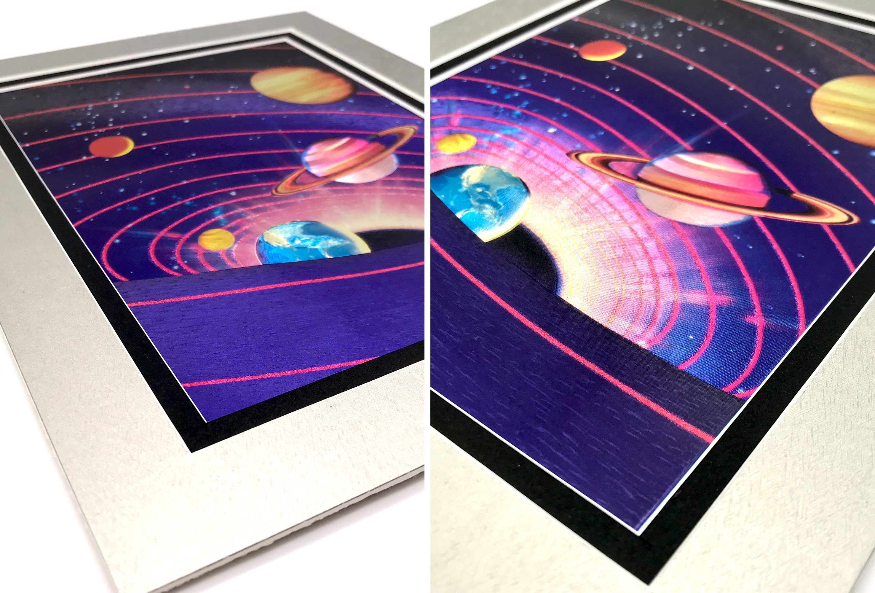 Vintage Solar System Graphic Universe Space Foil Etching Art Print Shiny Purple Black Silver Double Mat Ready to Frame 8x10 Image 7.5 x 5.5