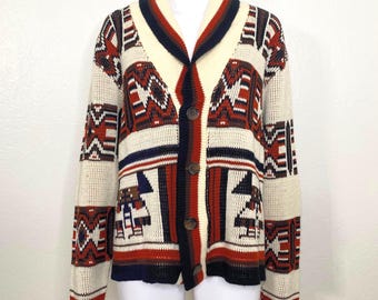 Vintage 70s 80s Unbranded Thick Cream Black Brown Orange Jacket Native Western Button Collared Long Sleeve Sweater Cardigan Unisex Adult M L