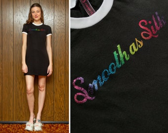 Vintage 70s Glitter Graphic on Black White Ringer Dress Rainbow Shiny Metallic Smooth As Silk Heat Press Short Sleeve Mini T Shirt Dress S M