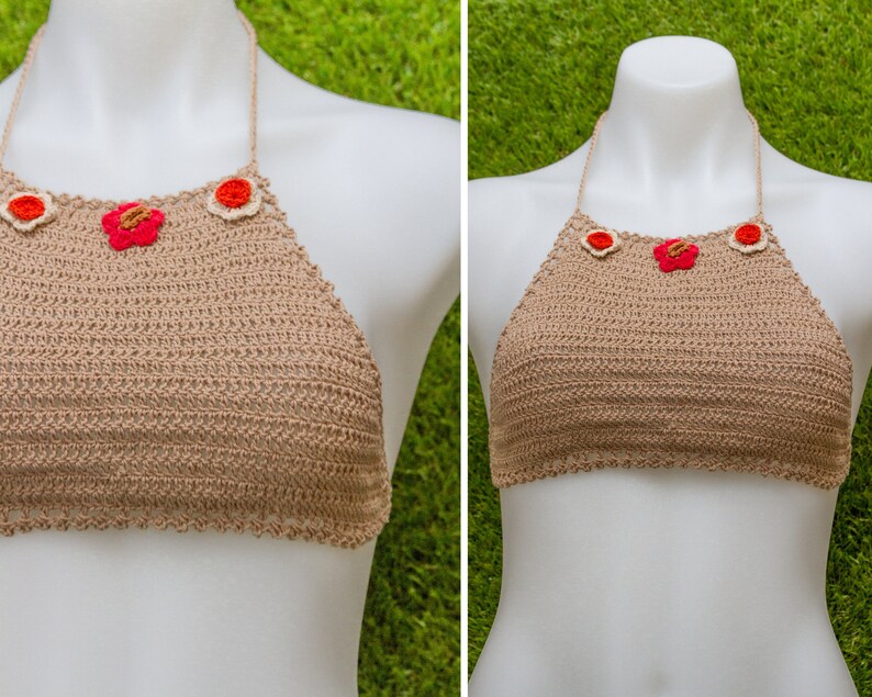 Vintage Deadstock 90s Light Brown Tan Orange Red Beige Festival Crochet Sheer Mesh Beaded 3-D Flower Cotton Crop Halter Top One Size S M L