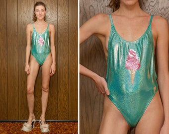 Cotton Candy Shiny Metallic High Cut Kawaii Ice Cream Pastel Mint Green Pink Sequined Patch Side Boob Suspender Leotard One Piece Swimsuit