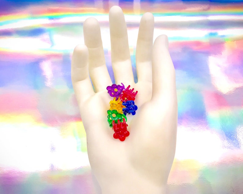 Vintage 90s Y2K Clear Rainbow Daisy Bubble Flower Mini Claw Plastic Kawaii Barrettes Red Yellow Green Blue Purple Pink Hair Clips Set of 6