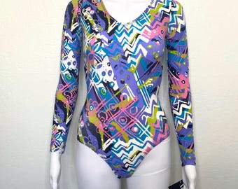 Vintage 90s Purple Green Pink Black Abstract Floral Print GK Elite Sport Long Sleeve Scoop Aerobic Dance Leotard Bodysuit Adult Small S