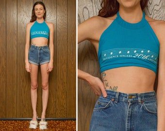 Vintage 90s Aqua Blue Teal Rhode Island Providence Singers 20th Anniversary Raw Edge Halter Sleeveless Tie Back Tank Top OS S M L