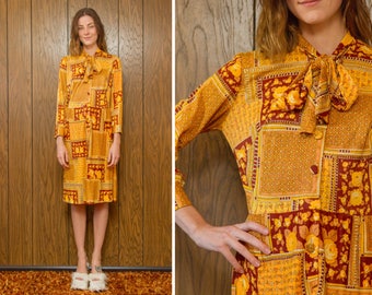 Vintage 70s Handmade Rust Yellow Floral Rose Square Patchwork Flower Print Graphic Boho Button Front Ascot Neck Tie Knee Length Dress S M L