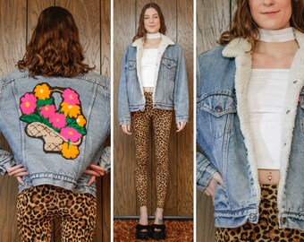 Vintage 80s Levi's Levis Patch Pink Orange Embroidered Chenille Basket Flowers Floral Denim Jean Red Tab Sherpa Button Up Coat Jacket 42 L