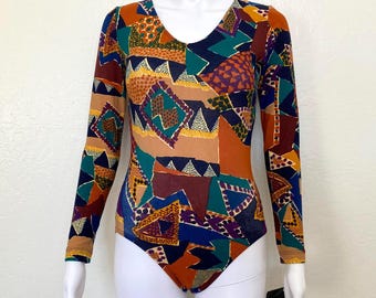 Vintage 90s Brown Geometric Tribal Pattern Abstract Print GK Elite Sport Long Sleeve Scoop Aerobic Dance Leotard Bodysuit Adult Medium M