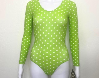 Vintage 90s Bright Lime Green White Polka Dot Print GK Elite Sport Long Sleeve Scoop Aerobic Dance Leotard Bodysuit Adult X Small XS