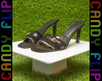 Vintage 90s Ralph Lauren Black Suede Made in Italy Leather Classic High Kitten Heel Gold Buckle Detail Slip On Mule Kitty Sandal Heels 8.5