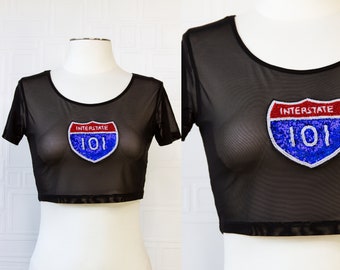 Road Trip Black Interstate 101 Highway Sign Mesh Sheer Red Blue White Sequin Applique Patch Short Sleeve Crew Neck Crop Blouse Top XS S M