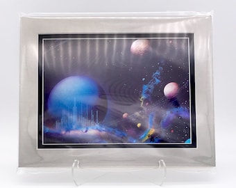 Vintage Solar Sci Fi Fantasy Universe Space Foil Etching Art Print Shiny Purple Black Silver Double Mat Ready to Frame 8x10 Image 7.5 x 5.5