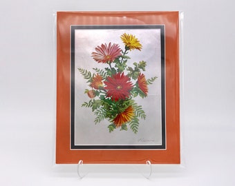 Vintage Red Orange Yellow Daisy Wild Flowers Foil Etching Damaged Art Print Fabric Black Double Mat Ready to Frame in 8x10 Image 7.5 x 5.5