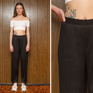 Vintage 90s Y2K Shiny Black Accordion Pleat Pleated Vertical Textured Ribbed Elastic High Waist Lightweight Wide Leg Dress Lounge Pants S M