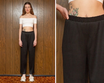 Vintage 90s Y2K Shiny Black Accordion Pleat Pleated Vertical Textured Ribbed Elastic High Waist Lightweight Wide Leg Dress Lounge Pants S M