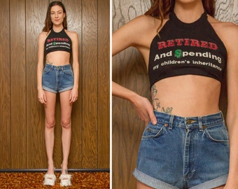 Vintage 80s Retired OK Boomer Consumer Selfish Retiree Black Red Green White Tie Back Raw Edge Thin Cotton Halter Sleeveless Tank Top S M