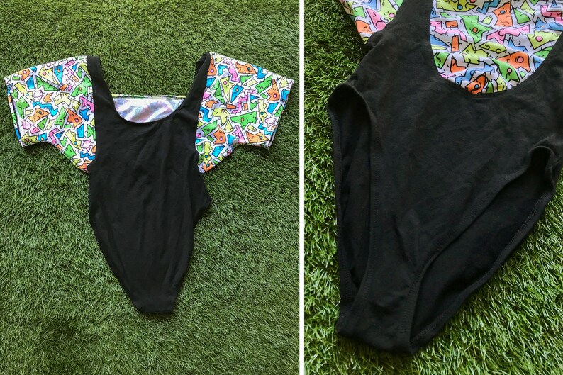 Vintage 90s Faux Suspender Layered Abstract Shapes Neon Rainbow Colorblock Black High Cut Short Sleeve Scoop Neck Aerobic Dance Bodysuit S