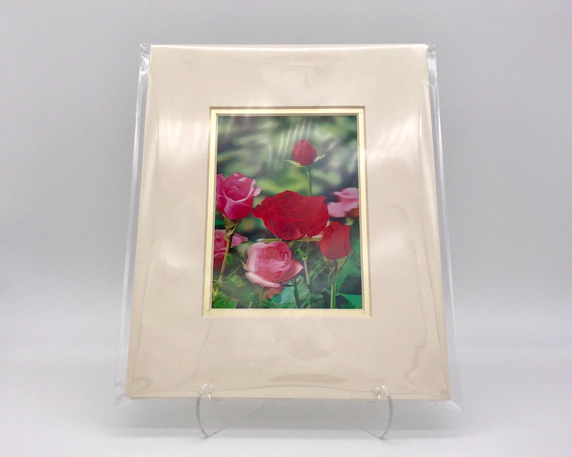 Vintage Lenticular 3 D Moving Art Print Red Pink Roses Flowers Floral Ivory White Gold Double Mat Metallic Ready To Frame In 8x10 Image 4x6