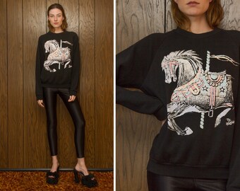Vintage 80s Jerzees Black Pastel Puff Ink Distressed Carosel Horse Raglan The Wild Side Graphic Novelty Crewneck Long Sleeve Sweatshirt M L