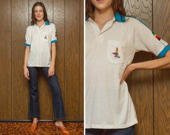 Vintage 80s White Teal Blue Rainbow Ringer Embroidered Pocket Hawaii Sailing Boating Striped Button Polo Golf Shirt Short Sleeve Top S M L