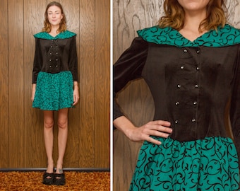 Vintage 80s 90s Teal Turquoise Filigree Black Tulle Textured Velvet Collar Drop Waist Long Sleeve Shoulder Pad Mini Baby Doll Dress XS S 5