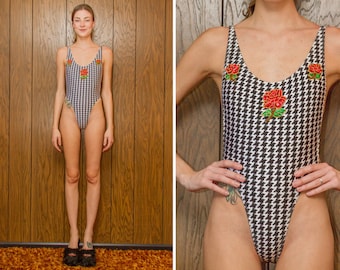 Black White Red Gold Strappy High Leg Hi Cut Side Boob Houndstooth Sequined Roses Sequin Sexy Shiny One Piece Swimsuit Bodysuit Leotard XS S