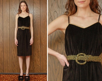 Vintage 80s Black Velvet Velour Gold Tinsel Braided Belted Swim Cover Up Elastic Waist Sleeveless Below The Knee Spaghetti Strap Dress M L