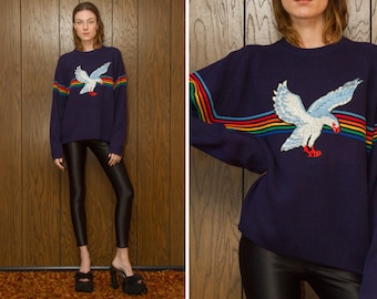 Vintage 80s RARE Retro Rainbow Navy Dark Blue Stripe Ski Striped Rugby Metallic Silver Eagle Silk Embroidered Velvet Patch Preppy Sweater L