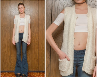 Vintage 80s 90s Partners Cream Ivory Off White Soft Chunky Lightweight Snow Granny Grandma Sweater Vest Cardigan Pocket Slouch Jumper S M L