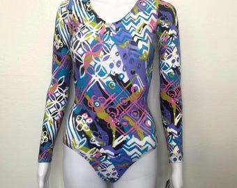 Vintage 90s Blue Purple Pink Green Black Abstract Print GK Elite Sport Long Sleeve Scoop Aerobic Dance Leotard Bodysuit Adult X Small XS