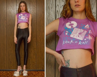 Vintage 80s Screen Stars Lavender Purple Blue White Rock N Roll Music Graphic Vaporwave Muscle Belly Tank Top Sleeveless T-Shirt Crop Shirt