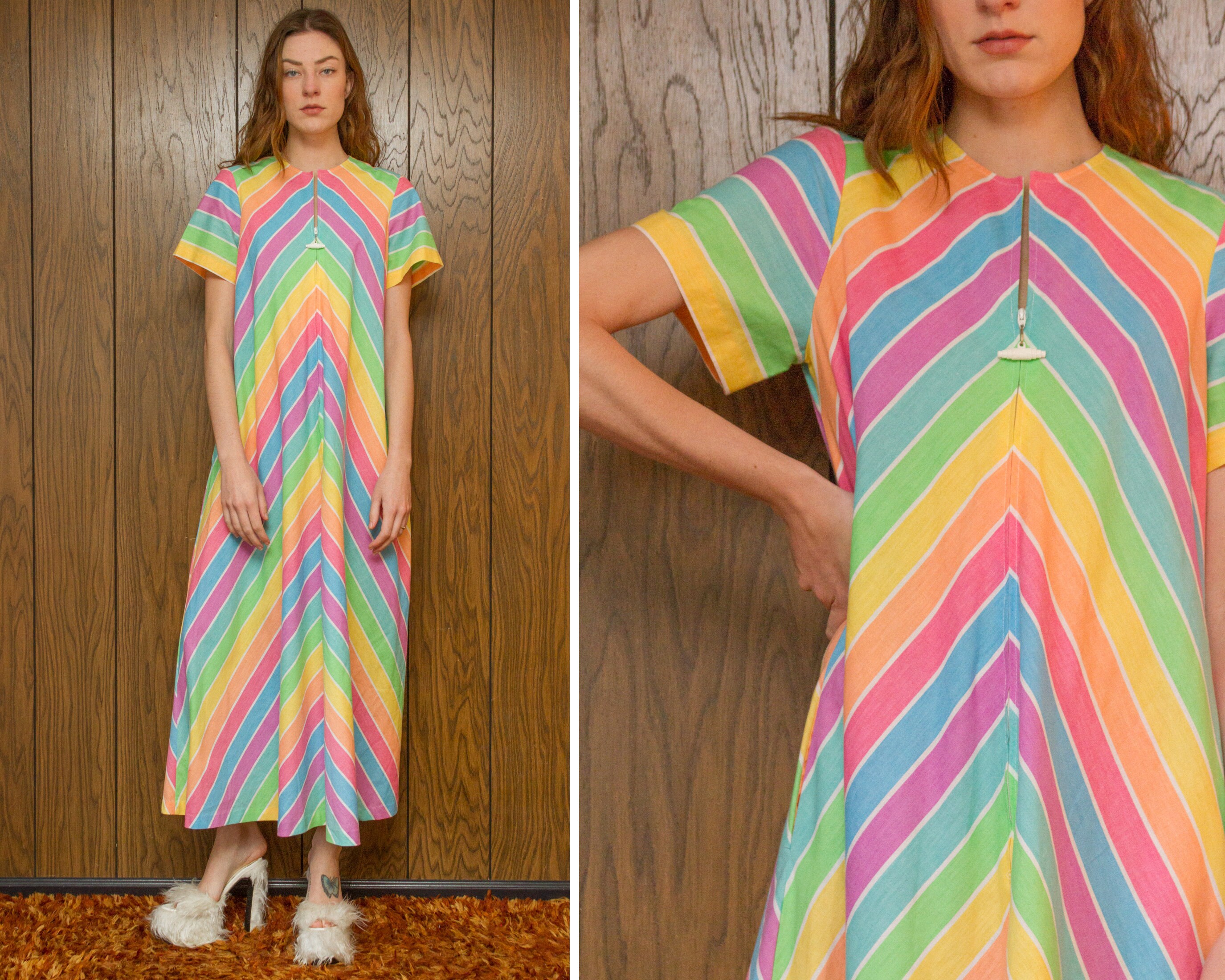 Vintage 80s Neon Rainbow Chevron Vertical Stripe Striped
