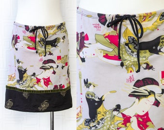 Vintage 90s Y2K Black Taupe Pink Green Gold Iconic Japanese Samari Geisha Dragon Print Velvet Trim Drawstring Mini Knee Length Skirt fits L