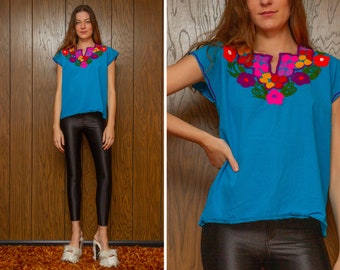 Vintage Teal Blue Red Pink Purple Orange Embroidered Flower Sunflower Mexican Bohemian Guatemalan Oaxaca Frida Kahlo Peasant Blouse Top S M
