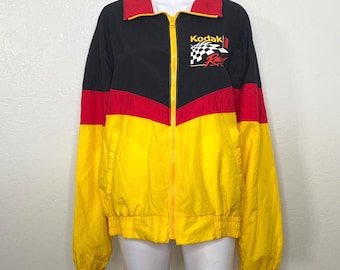 Vintage 1980s 1990s Kodak Film Nascar Racing Red Yellow Gold Black Checker Flag Zip Up Windbreaker Bomber Jacket Lined Adult Men's XL