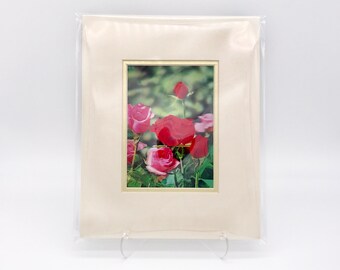 Vintage Lenticular 3-D Moving Art Print Red Pink Roses Flowers Floral Ivory White Gold Double Mat Metallic Ready to Frame in 8x10 image 4x6