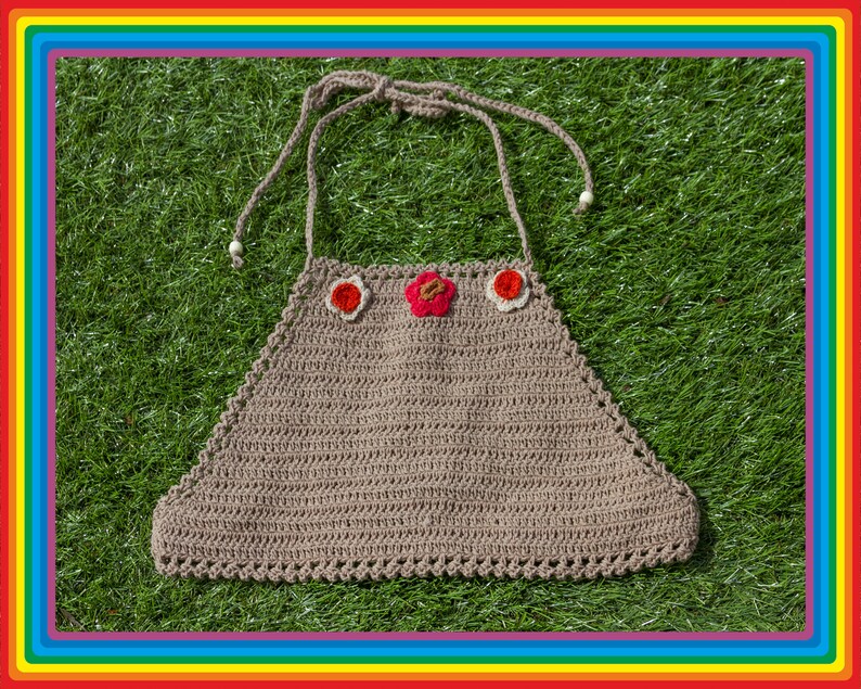 Vintage Deadstock 90s Light Brown Tan Orange Red Beige Festival Crochet Sheer Mesh Beaded 3-D Flower Cotton Crop Halter Top One Size S M L