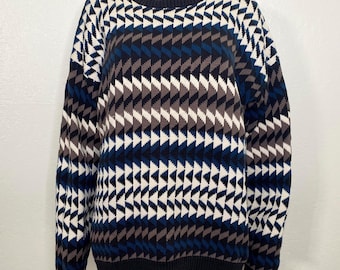 Vintage 90s Y2K Henry Grethel Triangle Black Blue Cream Gray Crew Neck Geometric Striped Long Sleeve Cotton Pullover Jumper Sweater Adult M