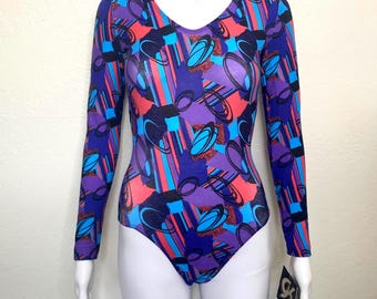 Vintage 90s Purple Red Blue Black Abstract Oval Print GK Elite Sport Long Sleeve Scoop Aerobic Dance Leotard Bodysuit Adult Small S