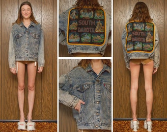 Vintage 80s South Dakota Velvet Painted Levi's USA Levis Embroidered Back Patch Acid Wash Denim Jean Buffalo Plaid Button Lined Jacket Coat