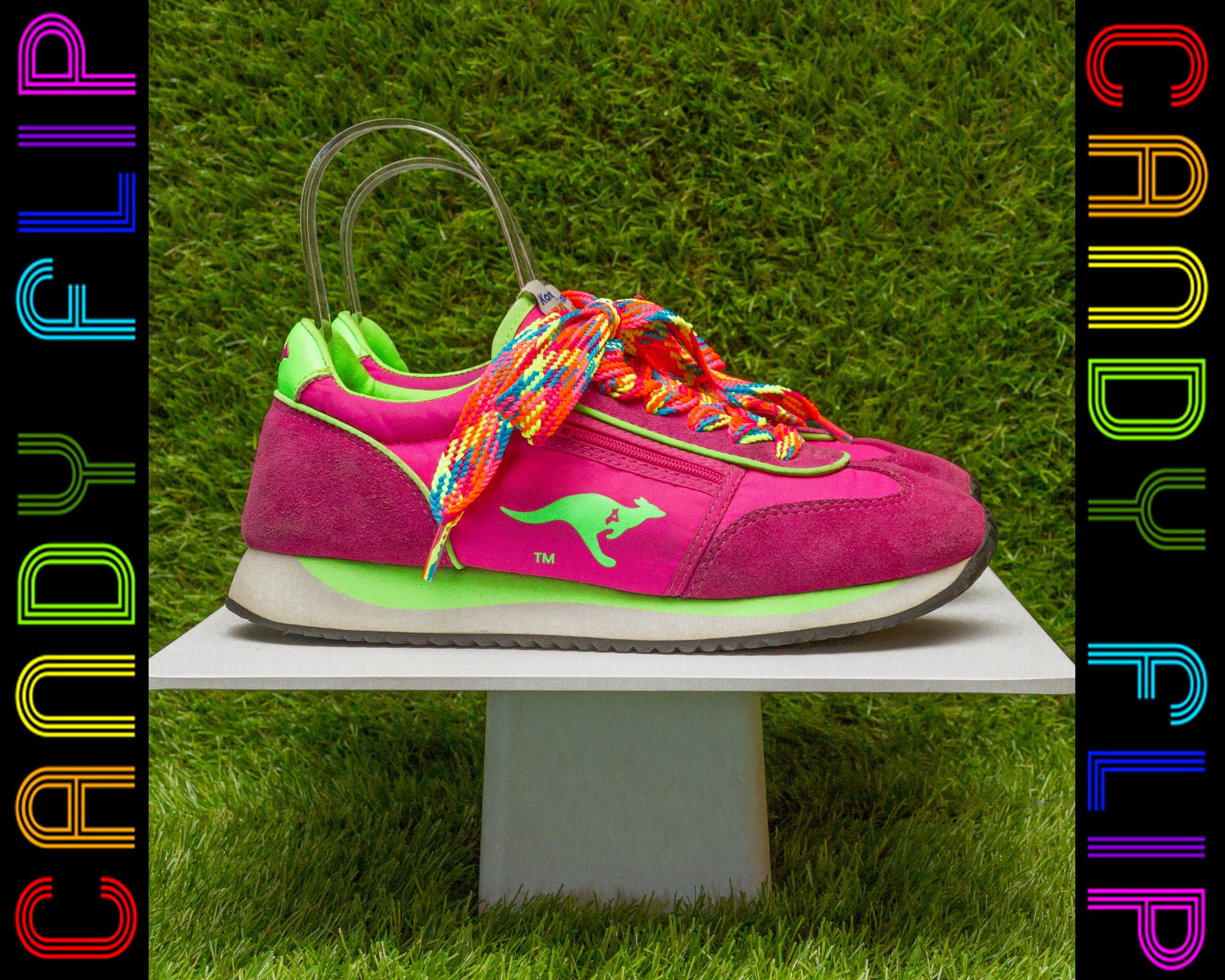 gullig Tidlig Smuk Vintage 80s 90s Neon Rainbow Fat Laces Pink Lime Green Yellow KangaROOS  Sneakers Zippered Pouch Suede Nylon Tennis Running Trainer Shoes 8