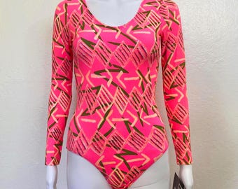 Vintage 90s Neon Pink Orange Pea Green White Abstract Print GK Elite Sport Long Sleeve Scoop Aerobic Dance Leotard Bodysuit Adult Medium M