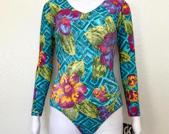 Vintage 90s Tropical Flower Geometric Abstract Floral Print GK Elite Sport Long Sleeve Scoop Aerobic Dance Leotard Bodysuit Adult Medium M