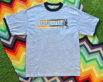 Vintage 90s Unisex Gray Black Basketball Ringer Crewneck Yellow Heat Transfer Graphic Novelty Athletic Cotton Short Sleeve T-Shirt L XL