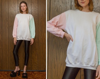 Vintage 80s 90s The Zoo Crew Lightweight Pastel Pink Mint Green White Color Block Long Sleeve Crewneck Tunic Length Sweatshirt S M L XL
