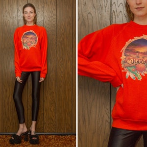 Vintage 80s Jerzees Construction Orange Raglan Sunset Tropical Palm Tree Hawaii Novelty Beach Heat Press Crewneck Long Sleeve Sweatshirt M L