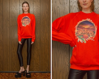 Vintage 80s Jerzees Construction Orange Raglan Sunset Tropical Palm Tree Hawaii Novelty Beach Heat Press Crewneck Long Sleeve Sweatshirt M L