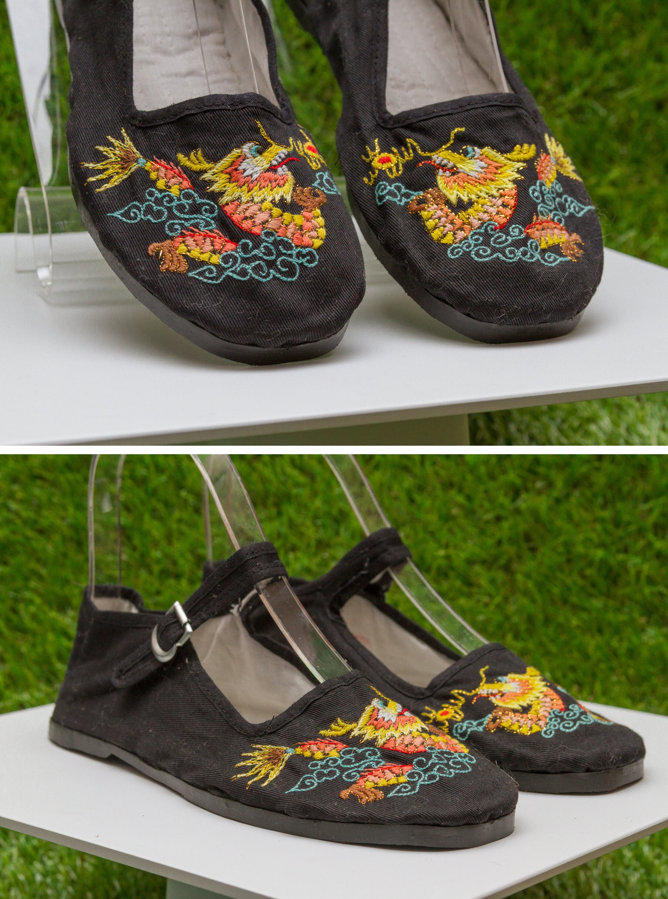 Vintage Y2K Embroidered Dragon Mary Jane Canvas Black
