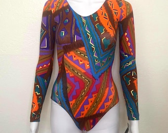 Vintage 90s Blue Gold Purple Orange Brown Abstract Print GK Elite Sport Long Sleeve Scoop Aerobic Dance Leotard Bodysuit Adult X Small XS