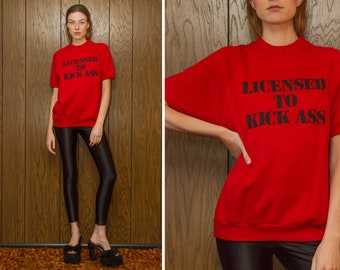 Vintage 80s RARE Novelty Jerzees Red Black Raglan Short Sleeve Muscle Liscensed To Kick Ass Graphic Work Out Karate Crewneck Sweatshirt M L